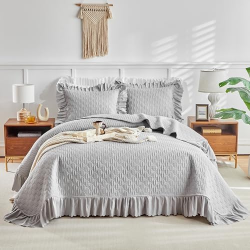 UOZZI BEDDING Ruffled Quilt Set King Size 96x108 Gray