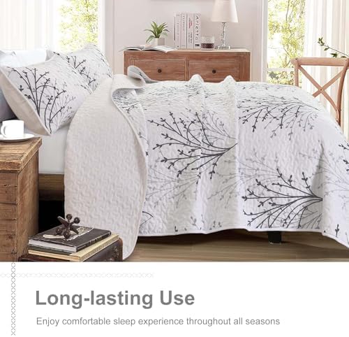 DJY White Botanical Quilt Set Queen Size 3 Piece