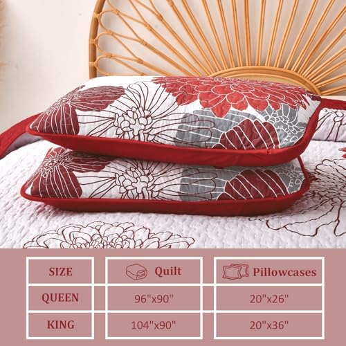 Anibedding Queen Quilt Set Red Floral Pattern 3 Piece