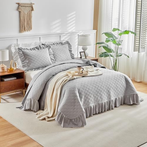 UOZZI BEDDING Ruffled Quilt Set King Size 96x108 Gray