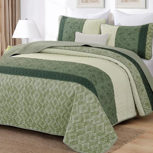 Cottolester Green Quilt Set Queen Size with 2 Pillow Shams