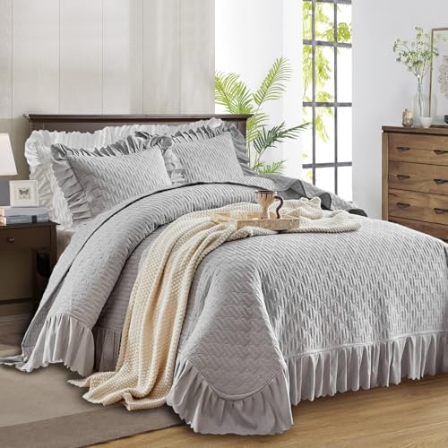UOZZI BEDDING Ruffled Quilt Set King Size 96x108 Gray