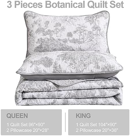 WONGS BEDDING Grey Quilt Set Queen 3 Piece Reversible