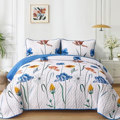 WONGS BEDDING Blue Floral Quilt Set Queen Size