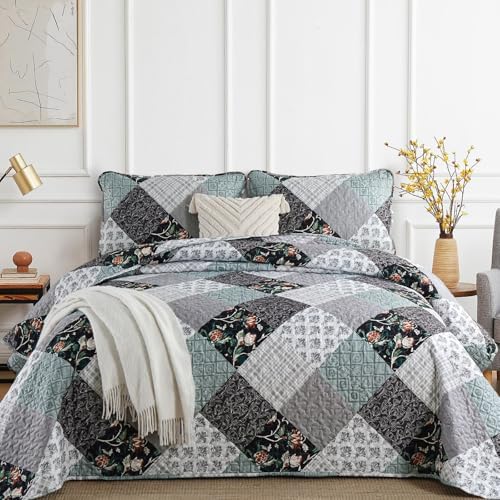Xruibed Plaid Patchwork Quilt Set Queen 3 Pieces