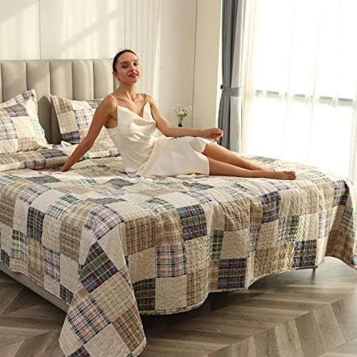 Hailea Beige Plaid Quilt Set King Size 1