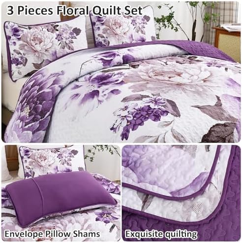 WONGS BEDDING Purple Floral Quilt Set 3 Piece Reversible