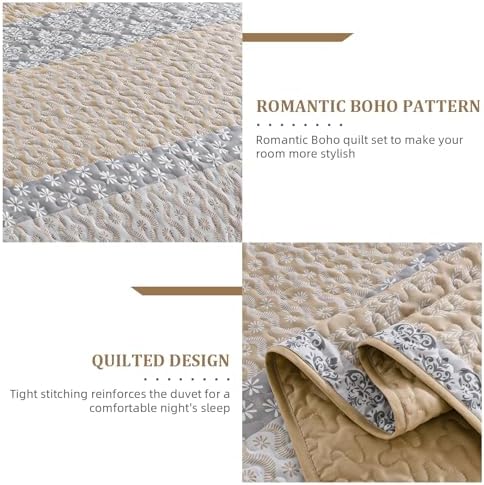 Boho Quilt Set King Size Beige Striped Coverlet 3 Pieces