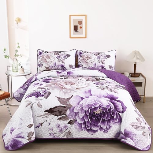 WONGS BEDDING Purple Floral Quilt Set 3 Piece Reversible