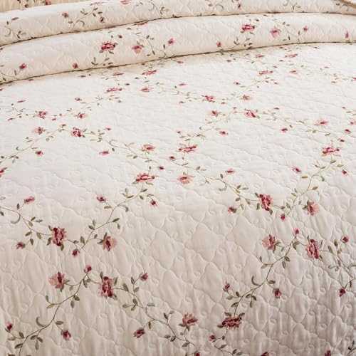 EAVD Floral Embroidered Quilt Set King Size Beige 3 Pieces
