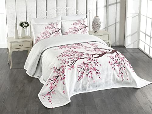 Ambesonne Japanese Bedspread Set with Sakura Flowers Queen Size Dark Brown