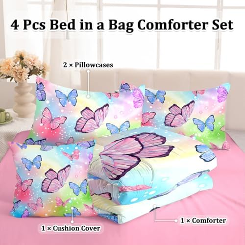ASKOTU 4 Pcs Rainbow Butterfly Comforter Set for Girls