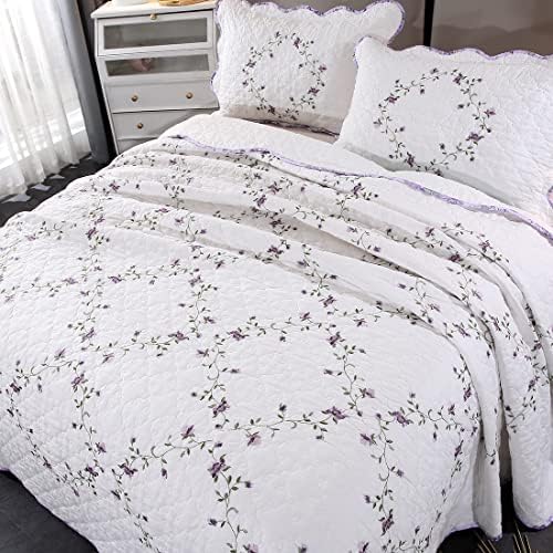 Vctops 3-Piece Floral Embroidered Quilt Set Twin