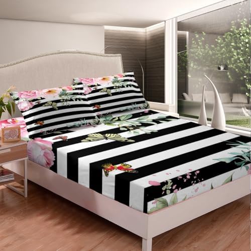 Erosebridal Pink Floral Sheet Set with 2 Pillowcases King Size