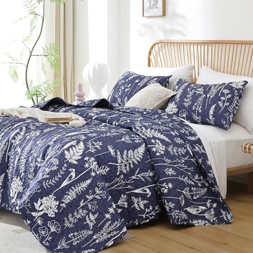 JANZAA Queen Size Navy Blue Floral Quilt Set