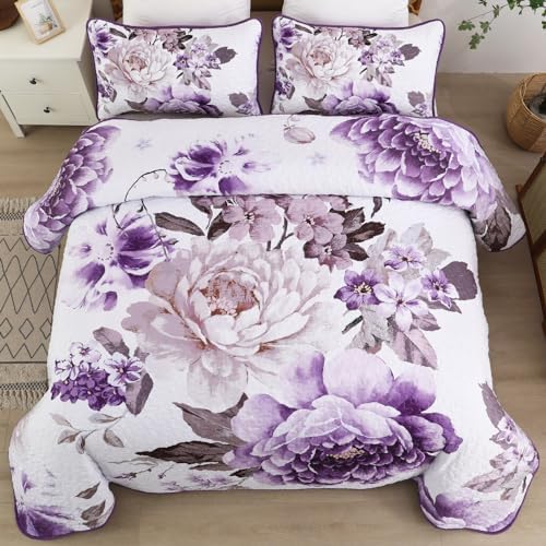 WONGS BEDDING Purple Floral Quilt Set 3 Piece Reversible