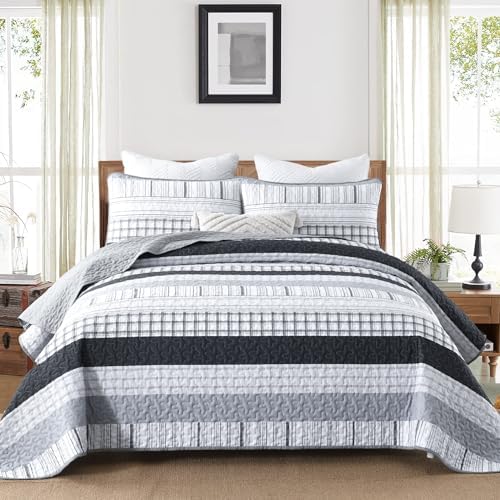 DJY Grey Boho Stripe Quilt Set 3 Piece King Size