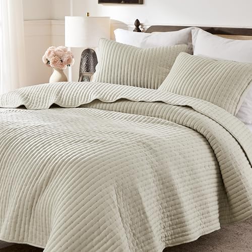 WDCOZY Beige Cross Stitch Queen Quilt Set