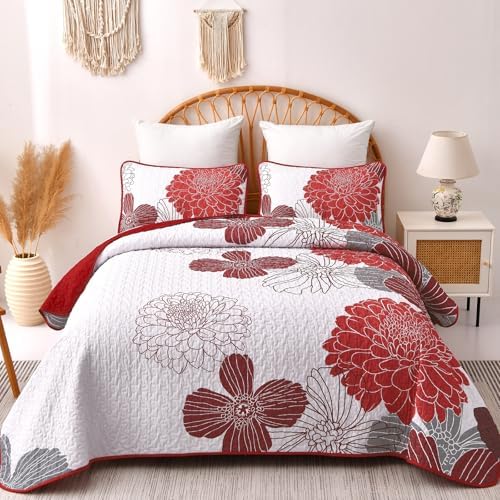 Anibedding Queen Quilt Set Red Floral Pattern 3 Piece