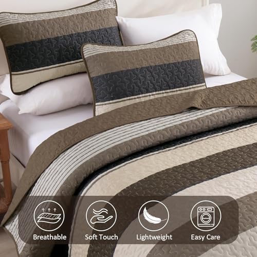 Dinjoy King Size Quilt Set Light Brown 3 Piece Boho Bedding