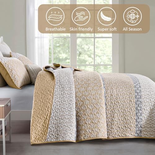 Boho Quilt Set King Size Beige Striped Coverlet 3 Pieces