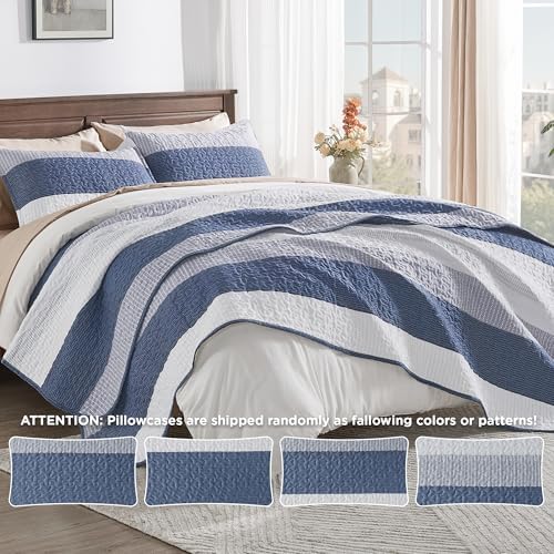 Andency Mineral Blue Striped Quilt Set with Pillowcases