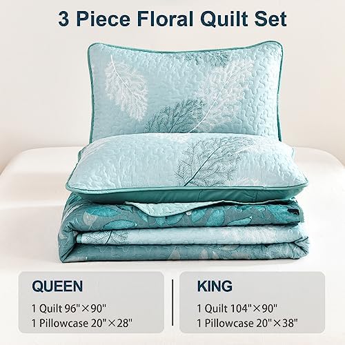 WONGS BEDDING Aqua Botanical Quilt Set Queen 3PC