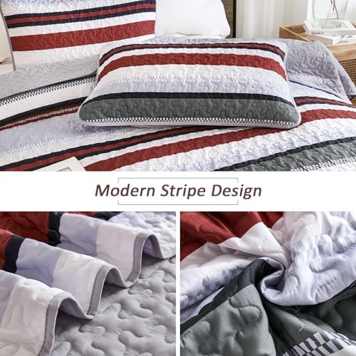WONGS BEDDING Queen Size Red Striped Quilt Set