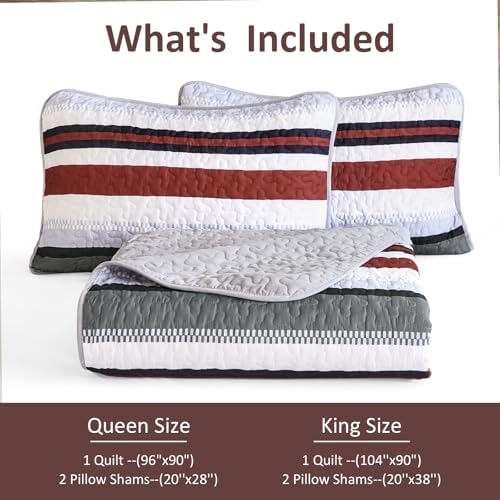 WONGS BEDDING Queen Size Red Striped Quilt Set