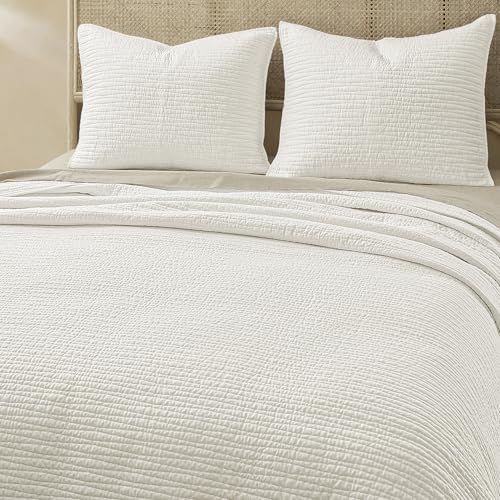 Wonderful Natural Linen Cotton Quilt - White Wave Stitched Queen Size