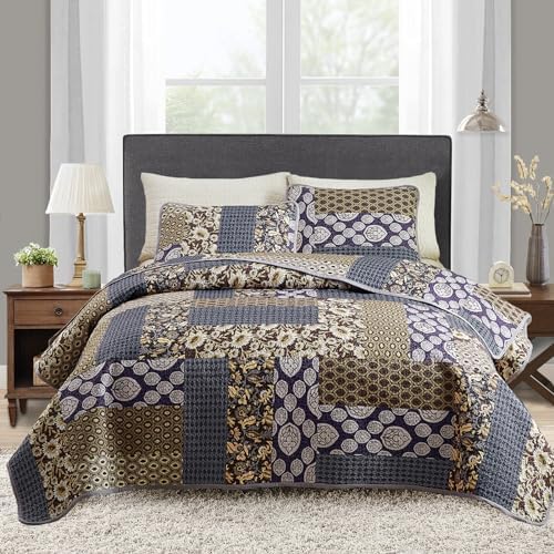 Flysheep 3-Piece Patchwork Quilt Set Khaki Blue Farmhouse Bedspread