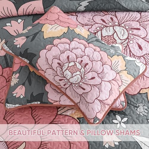 DJY Floral Quilt Set King Size Grey and Pink 1