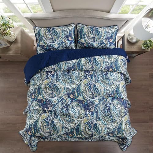 DJY Navy Blue Paisley Quilt Set 3 Piece King Size