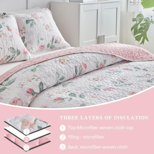 UOZZI Floral Quilt Set Queen Size 88x88 3PC Reversible