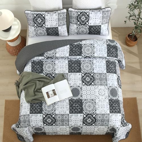 Dobuyly Boho Patchwork Cal King Quilt Set Grey Black 3-Piece Microfiber