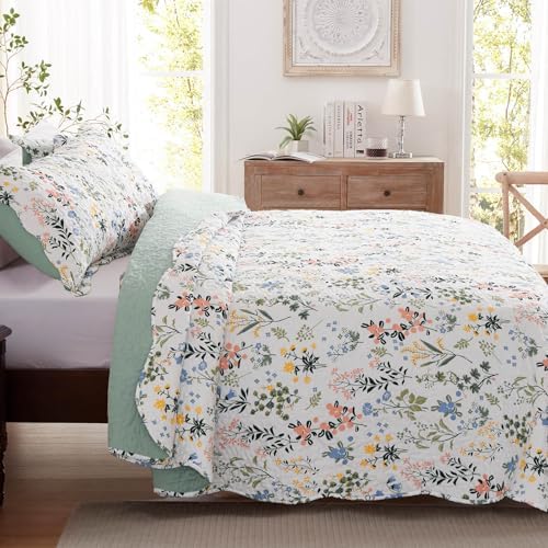 LEAONME 3-Piece Queen Quilt Set Floral Printed Bedspread