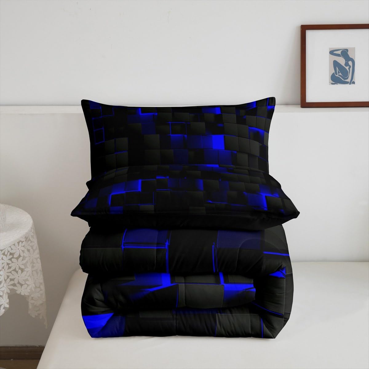 Erosebridal Queen Size Comforter Set Neon Geometric Check