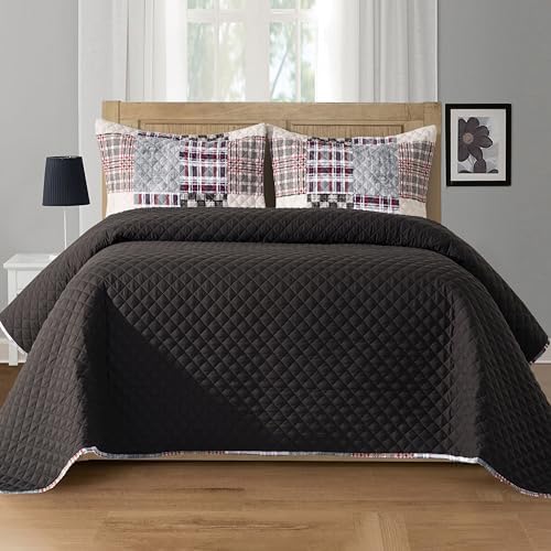 Elegant Comfort 3-Piece Plaid Reversible Quilt Set - King Brown