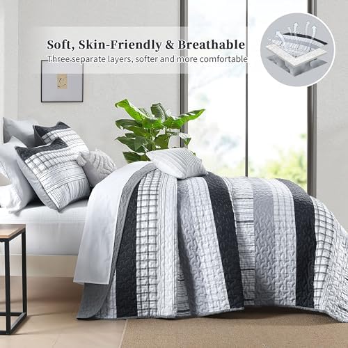 DJY Grey Boho Stripe Quilt Set 3 Piece King Size