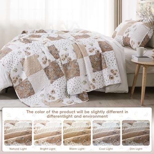 VIVILINEN Reversible Brown Floral Plaid Quilt Set