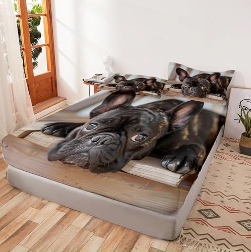King Animal French Bulldog Fitted Sheet Set 4 Piece Extra Soft Microfiber