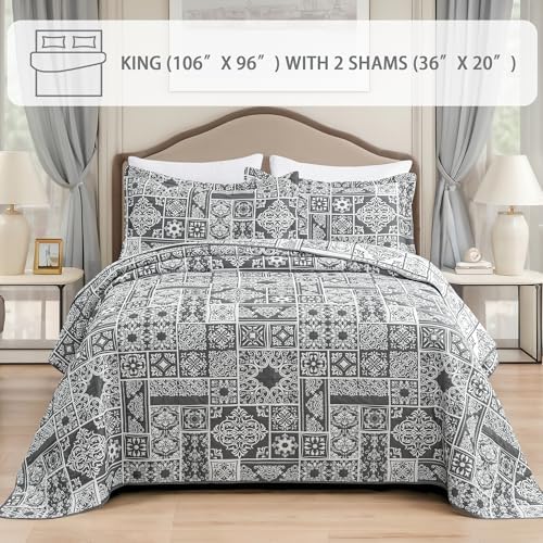 Asuexpect 3 Piece Grey Patchwork Bedspread Set King Size 1