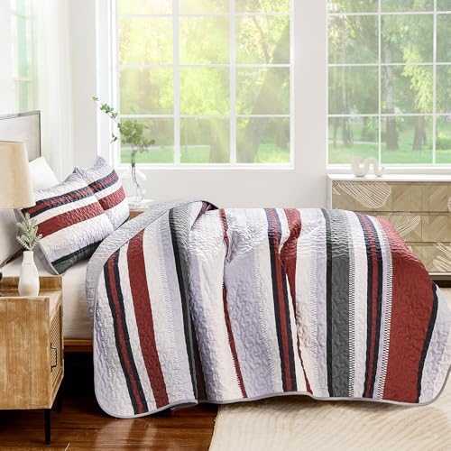 WONGS BEDDING Queen Size Red Striped Quilt Set
