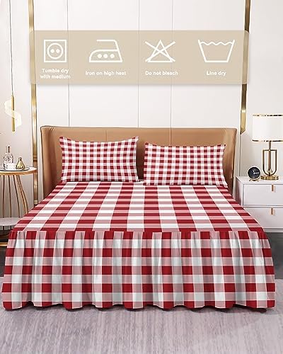 ZFUNCING Rustic Farm Plaid Red White Bed Skirt Set with 2 Pillow Shams