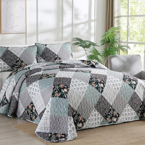 Xruibed Plaid Patchwork Quilt Set Queen 3 Pieces