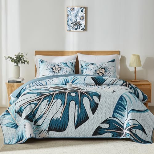 Yogeneg Light Blue Botanical Queen Quilt Set 3 Piece