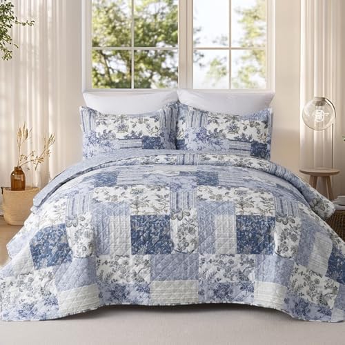 GOONE Blue Floral Quilt Set King Size Reversible Fade Resistant