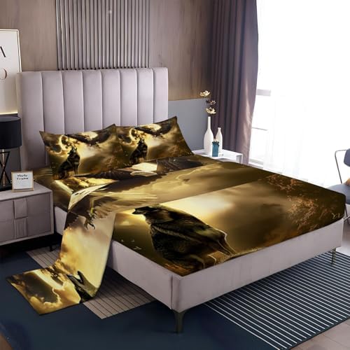 Moonlight Landscape Fitted Sheet Set with Wolf Eagle Design