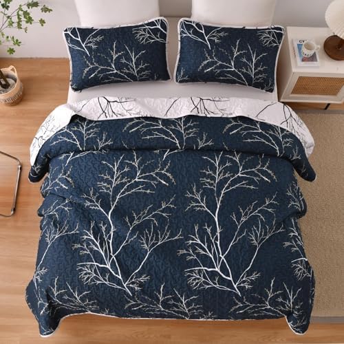 DJY 3 Piece Navy Floral Reversible Quilt Set