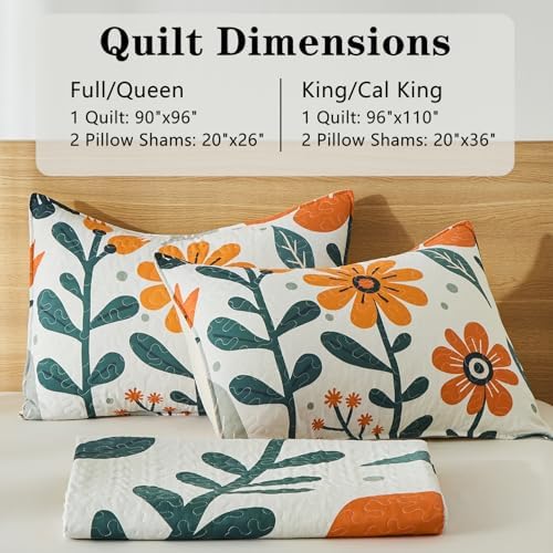 Yogeneg Queen Quilt Bedding Set 3 Piece White Orange Botanical Pattern